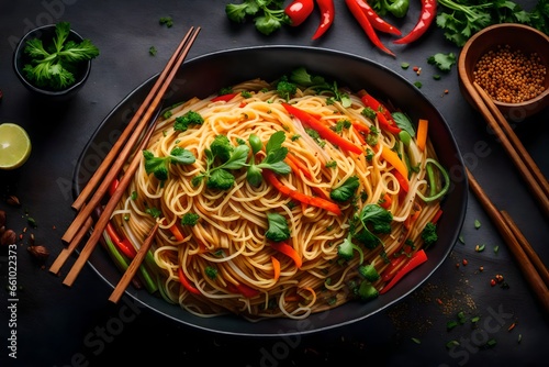 A vibrant bowl of steaming Asian noodles, garnished with colorful vegetables and herbs - AI Generative