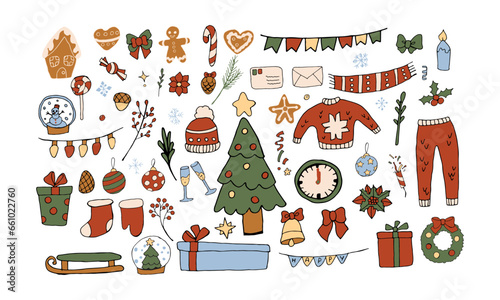 Vector illustration Christmas and New Year set  design graphic different object   Christmas tree   bell   sweet ginger biscuits  in red  yellow  brown  and red color in flat doodle style  isolate.