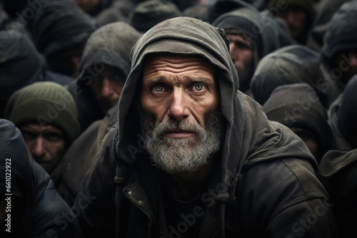 Poverty, misery, homelessness social problem. Portrait of a sad dirty old man in a crowd of homeless people