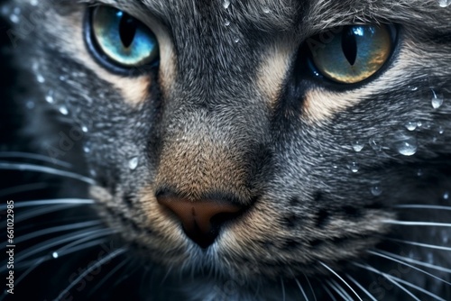 A dark, upright view of a gray feline with icy eyes. Generative AI
