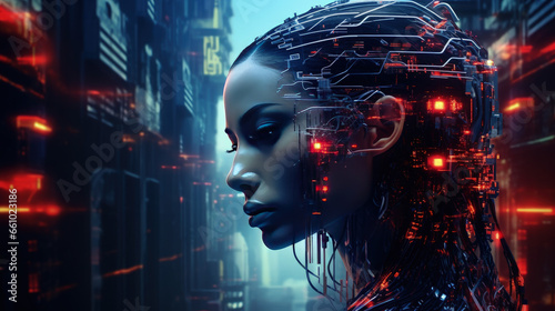 A vision of the AI revolution featuring cybernetic augmentations and implants for humans, portrayed with a science fiction styling, emphasizing the fusion of technology and the human form.
