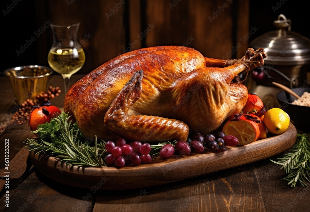 Festive celebration roasted chicken in pomegranate sauce with oranges, rosemary and cranberries on dark background. Christmas or Thanksgiving turkey. Traditional festive food Festive celebration roasted chicken in pomegranate sauce with oranges, rosemary and cranberries on dark background. Christmas or Thanksgiving turkey. Traditional festive food