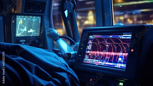 an ECG monitor in an ambulance, with paramedics attending to a patient on the way to the hospital, highlighting the critical role of ECGs in emergency care. photo