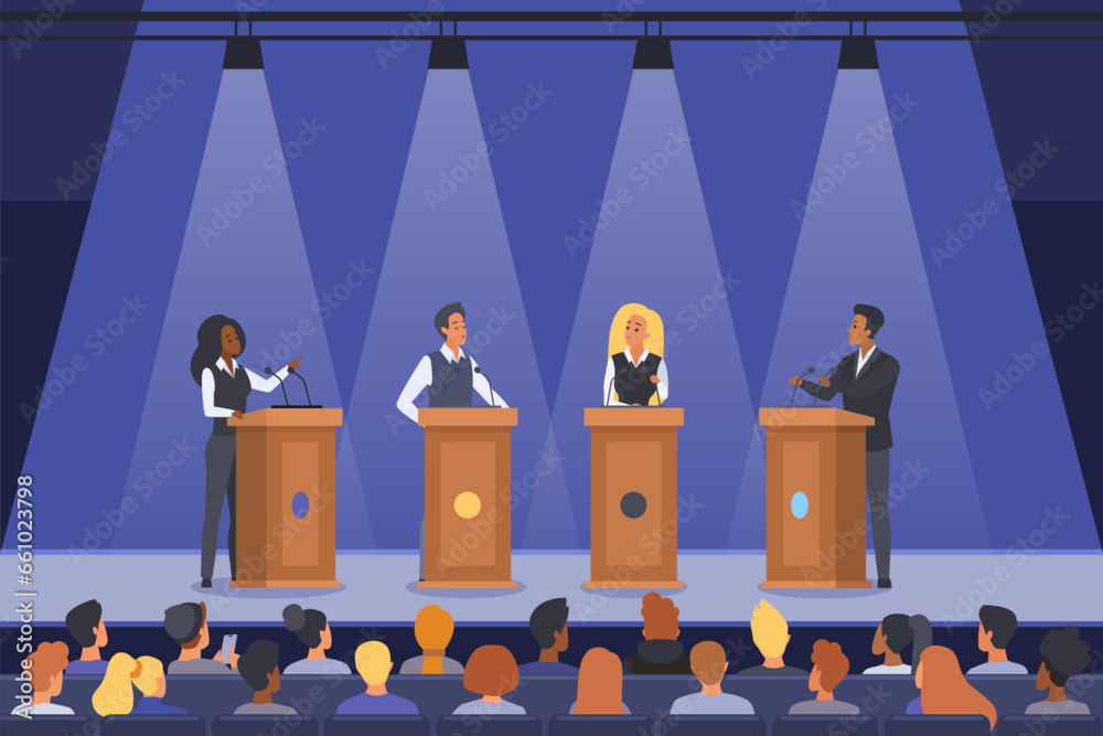 Political debates and speech of speakers on podiums vector illustration. Cartoon politicians on stage talking in front of audience, politics dialog of woman and man leaders speaking in spotlights - obrazy, fototapety, plakaty 