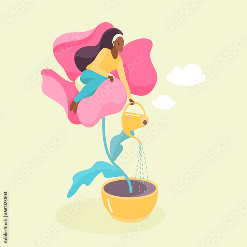 Care for positive mindset and wellbeing, self love, mental health vector illustration. Cartoon tiny young woman sitting inside growing flower to water from watering can, personal therapy for girl