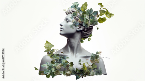 Background wallpaper o of a sculpture bust statue of a woman surrounded by green ivy leaves with negative space for copy text  photo