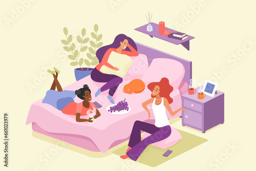 Girls friends talk in bedroom on hen party vector illustration. Cartoon cute happy young three female characters sitting on pillow on floor, lying on cozy bed with cup of coffee to gossip together