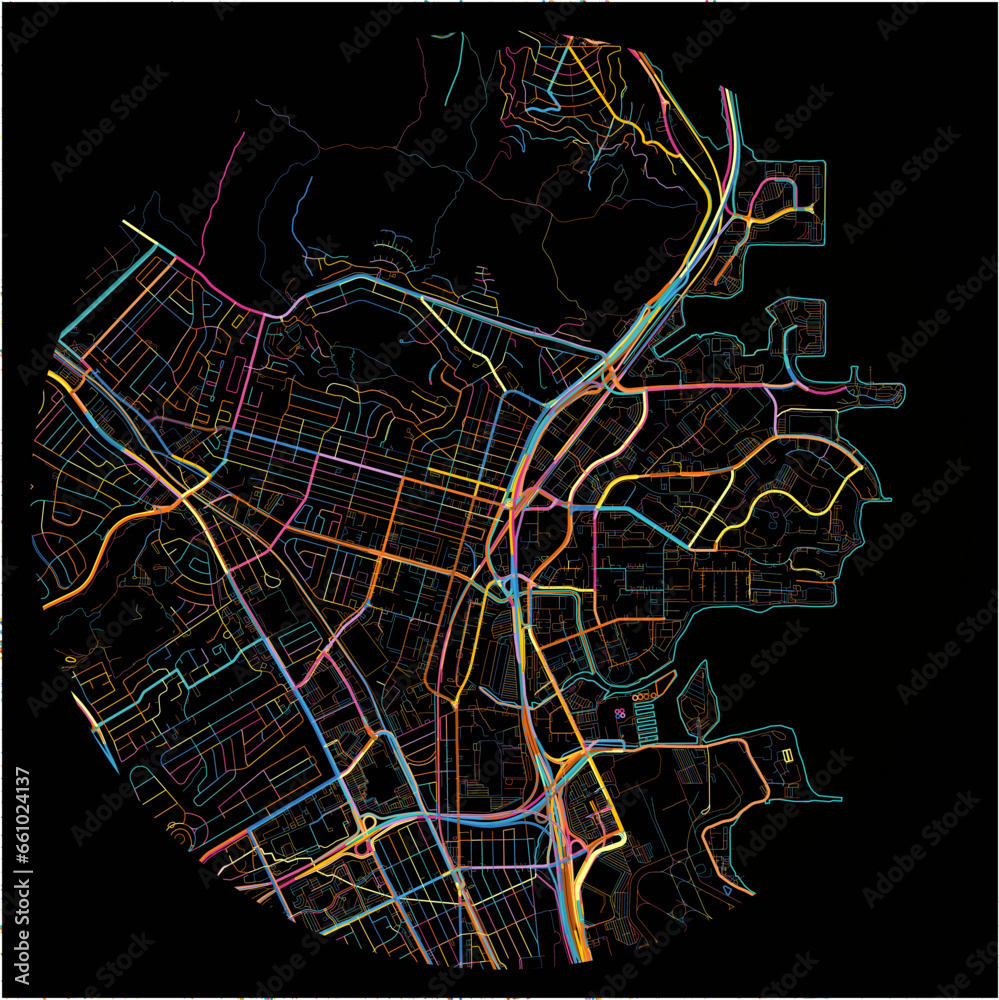 Colorful Map of SouthSanFrancisco, California with all major and minor roads.