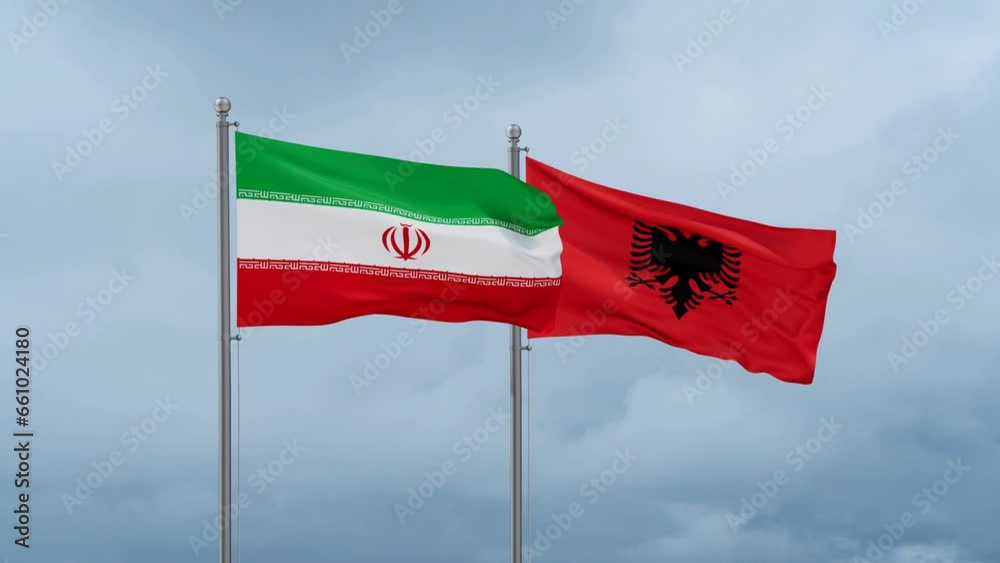 Iran flag and Albania flag waving together on cloudy sky, endless seamless loop Iran flag and Albania flag waving together on cloudy sky, endless seamless loop