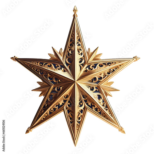 Star of ornate gold, isolated decoration element, 6 branches