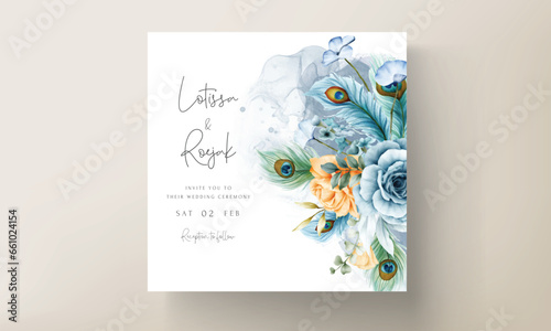 wedding invitation card with beautiful floral and peacock feather