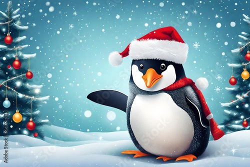 A card with a cute penguin wearing a Santa hat. © shahzad
