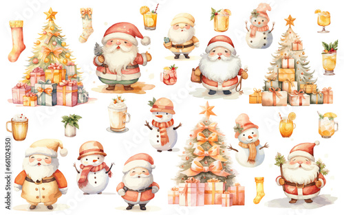 Christmas santa claus set with Christmas trees, snowman, foods, drinks, Christmas Stockings water color vectors Yellow and Peach color
