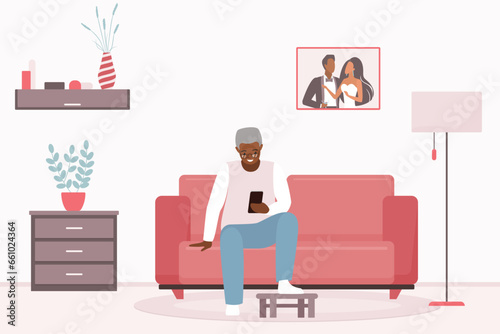 Old man using mobile phone vector illustration. Cartoon retired grandfather sitting on sofa in home living room with smartphone to call children or grandchildren, happy grandpa pensioner with glasses