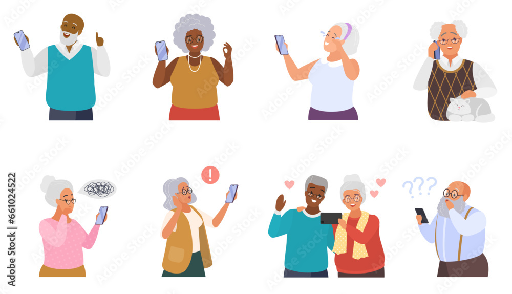 Old people with phones set vector illustration. Cartoon isolated senior woman and man hold smartphone with confused or happy, sad or worry expression on face, older users call on cellphone with smiles Old people with phones set vector illustration. Cartoon isolated senior woman and man hold smartphone with confused or happy, sad or worry expression on face, older users call on cellphone with smiles