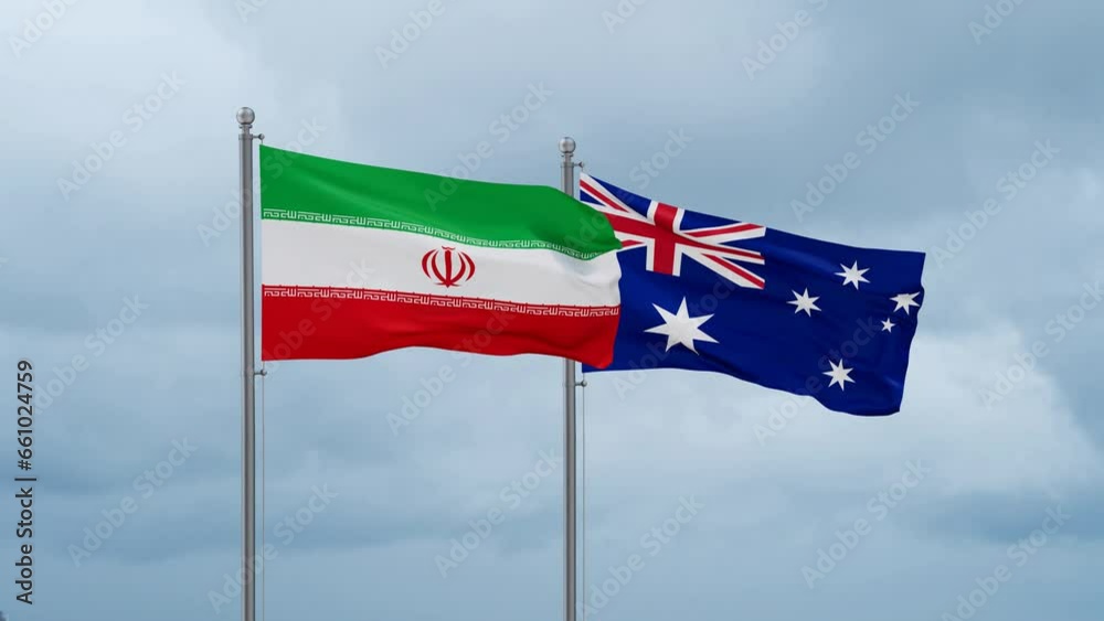 Australia flag and Iran flag waving together on cloudy sky, endless seamless loop, two country relations concept Australia flag and Iran flag waving together on cloudy sky, endless seamless loop, two country relations concept
