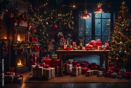 A card with a Santa's workshop filled with toys.