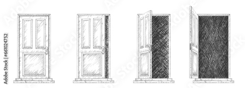 Door opening sequence, set of line sketches vector illustration. Outline doodle hand drawn arts of ajar, open and closed doors of office or home with scribble dark in doorway, doorstep and handle