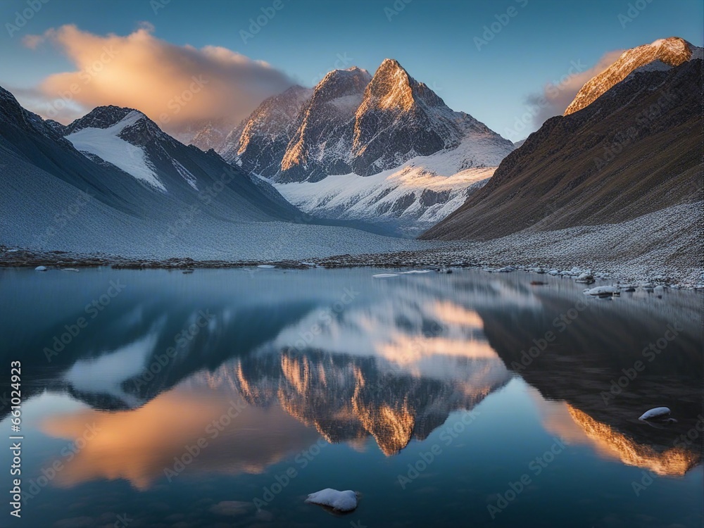 Mountain, lake and ice, with reflection in water as Canadian Mountains BC