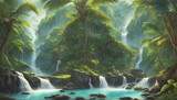 A vivid watercolor illustration portraying a jungle oasis with a serene lake and cascading waterfall - AI Generative
