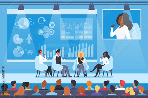 Scientific seminar, lecture or conference with presentation in front of audience vector illustration. Cartoon scientists and professors sitting on chairs on stage of auditorium to speak about research