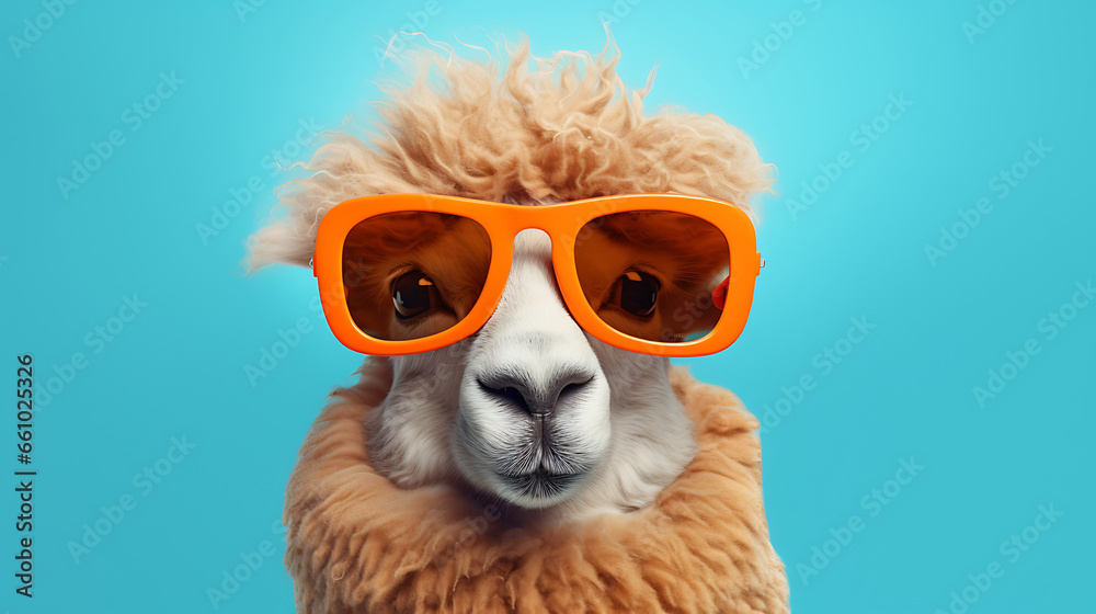 Creative animal concept wearing sunglass shade glasses isolated on solid pastel background, commercial, editorial advertisement, surreal surrealism