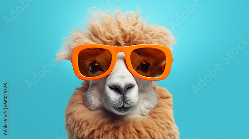 Creative animal concept wearing sunglass shade glasses isolated on solid pastel background, commercial, editorial advertisement, surreal surrealism