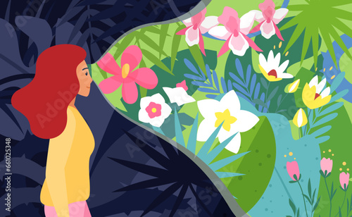 Optimistic outlook, mental health vector illustration. Cartoon happy young optimistic woman focusing vision on bright beautiful flowers on way, looking ahead to see beauty of future in moment