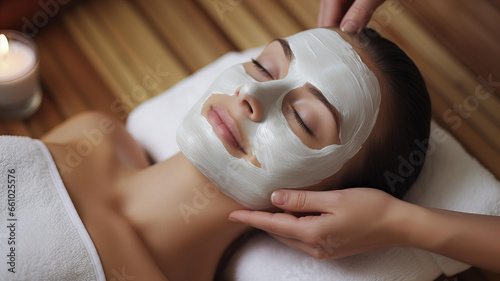 Spa Relaxation: Woman Applying White Facial Mask for Face and Body Care. Generative AI