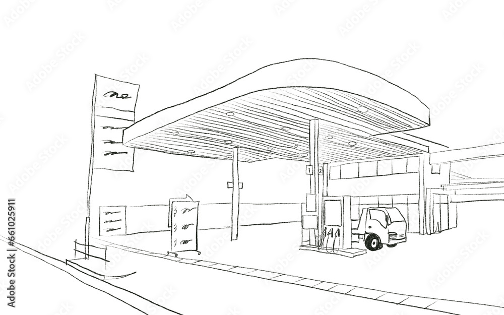 日本のガソリンスタンドの線画