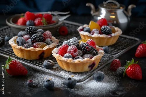 An image showing delicious berry tartlets with a golden and crispy crust, filled with fresh berries and topped with a dusting of powdered sugar. Generative AI