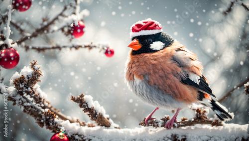 Cute funny cartoon bullfinch bird wearing a santa hat on a snowy branch
