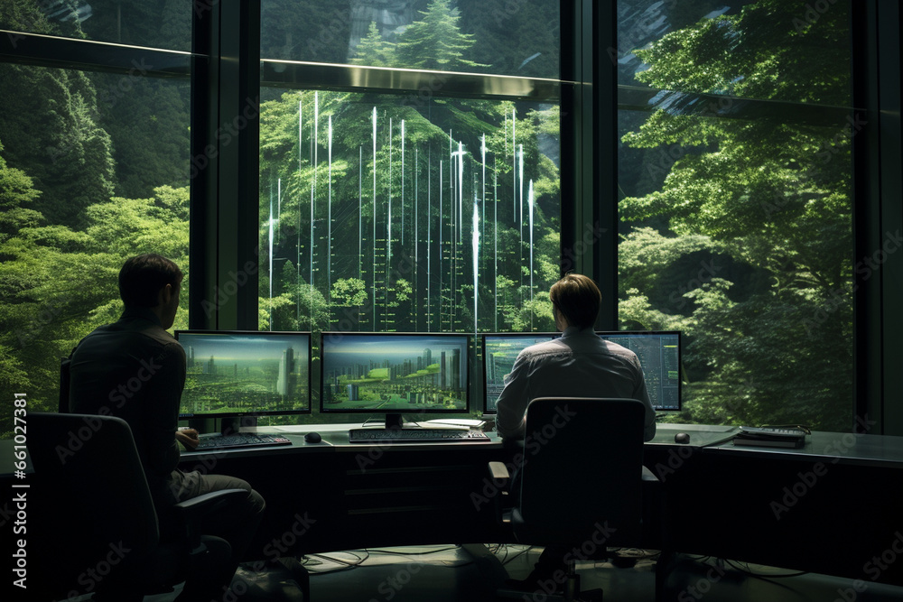 Witness analysts from behind as they work in a peaceful trading suite with a garden view, their screens displaying intricate price charts, as they strike a balance between the tran 
