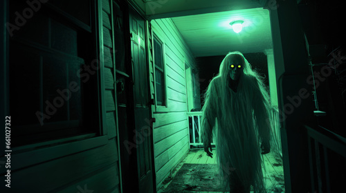Spine-chilling night vision image of a monster lurking on a front porch