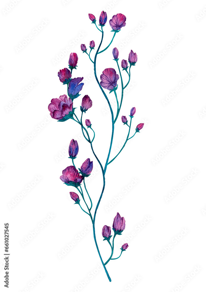 Purple Watercolor Flower Round Bouquet Pretty isolated on a white background.