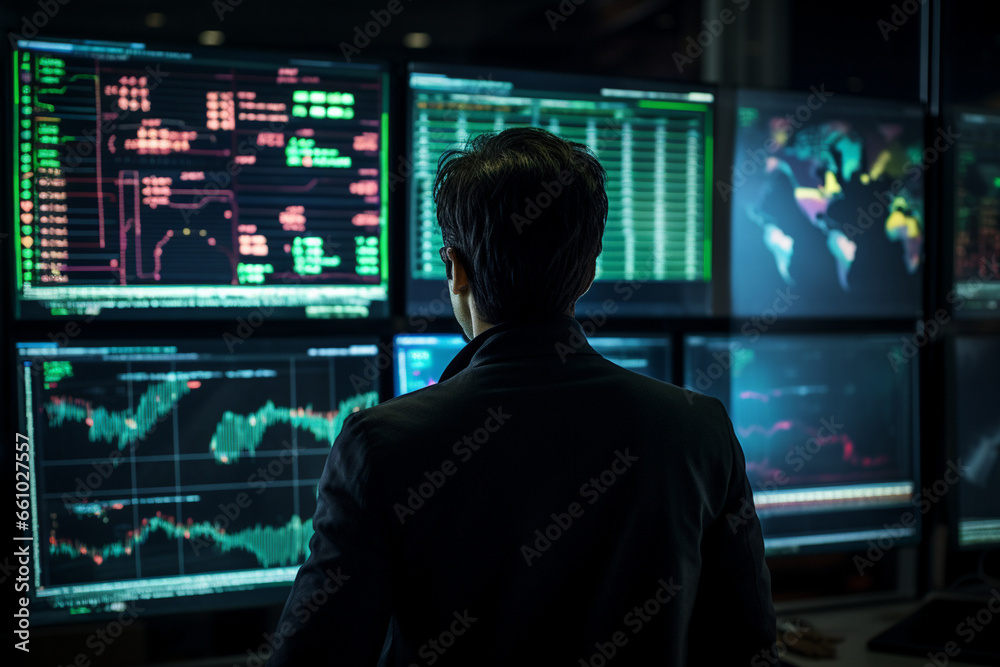 In an innovative tech hub, a male trader reviews price charts on a transparent screen, his surroundings characterized by modernity and innovation, showcasing the convergence of fin In an innovative tech hub, a male trader reviews price charts on a transparent screen, his surroundings characterized by modernity and innovation, showcasing the convergence of fin
