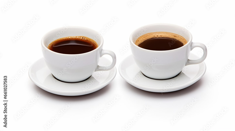 stockphoto, Set with cups of hot aromatic espresso coffee isolated on white background.