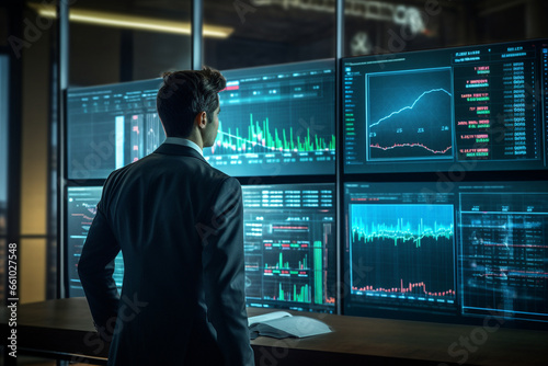 In an innovative tech hub, a male trader reviews price charts on a transparent screen, his surroundings characterized by modernity and innovation, showcasing the convergence of fin  photo