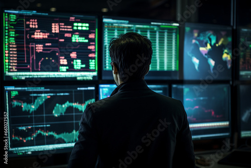 In an innovative tech hub, a male trader reviews price charts on a transparent screen, his surroundings characterized by modernity and innovation, showcasing the convergence of fin 