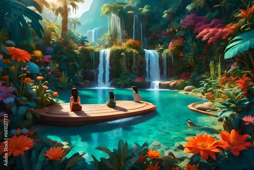 An enchanting digital illustration featuring a jungle scene with a crystal-clear lake and a gracefully flowing waterfall - AI Generative © Being Imaginative