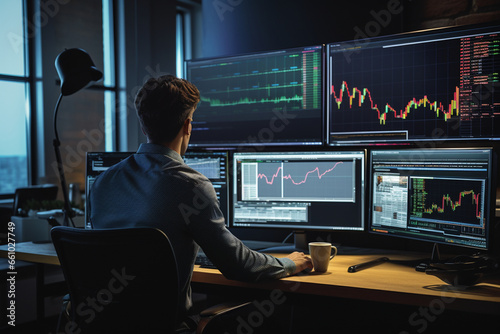 In an eco-friendly trading room, a male trader studies price charts on energy-efficient screens, his workspace embracing sustainability and modernity, aligning with the evolving tr 