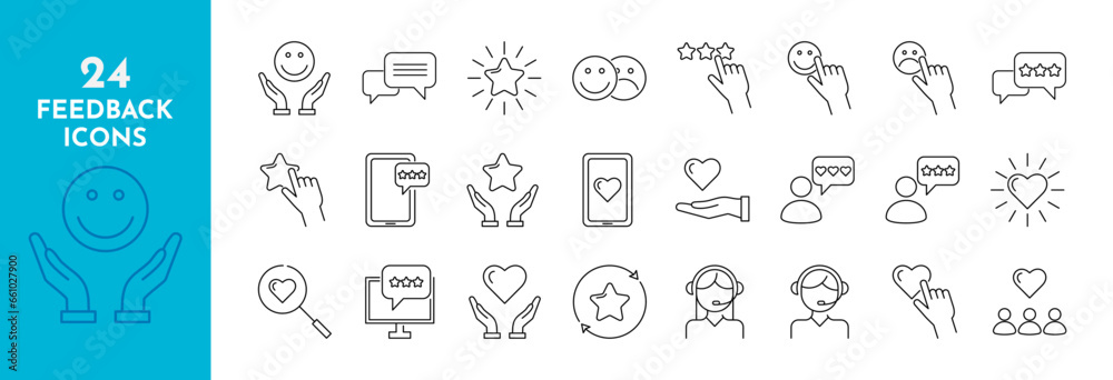 Feedback and review line icons set. People, like, five stars, rating, feedback, reviews, prize, heart, star, smiley face, people,relationship. Isolated on a white background.Vector stock illustration.