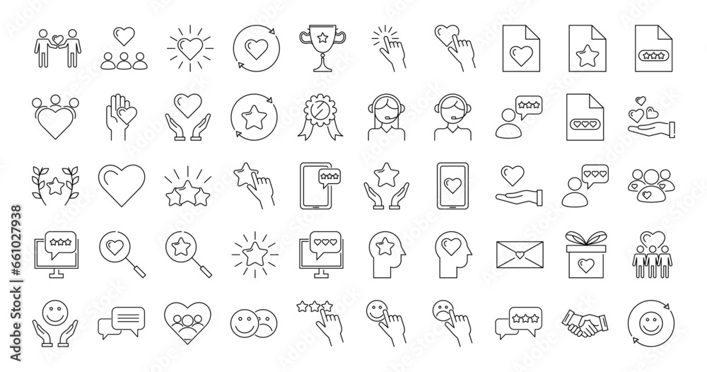 Feedback and review line icons set. People, like, five stars, rating, feedback, reviews, prize, heart, star, smiley face, people,relationship. Isolated on a white background.Vector stock illustration.