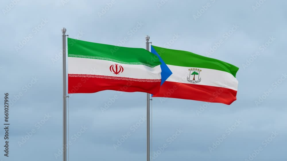 Equatorial Guinea flag and Iran flag waving together on cloudy sky, endless seamless loop, two country relations concept Equatorial Guinea flag and Iran flag waving together on cloudy sky, endless seamless loop, two country relations concept
