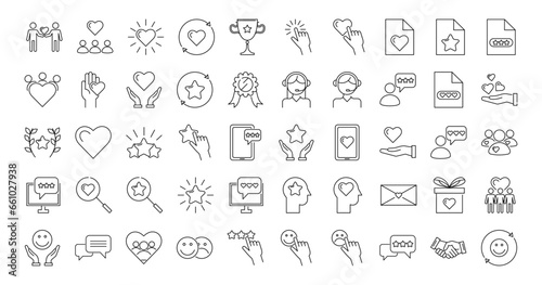 Feedback and review line icons set. People  like  five stars  rating  feedback  reviews  prize  heart  star  smiley face  people relationship. Isolated on a white background.Vector stock illustration.