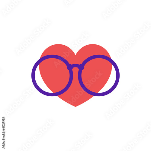 Heart wearing large glasses with round transparent lenses. Color vector.