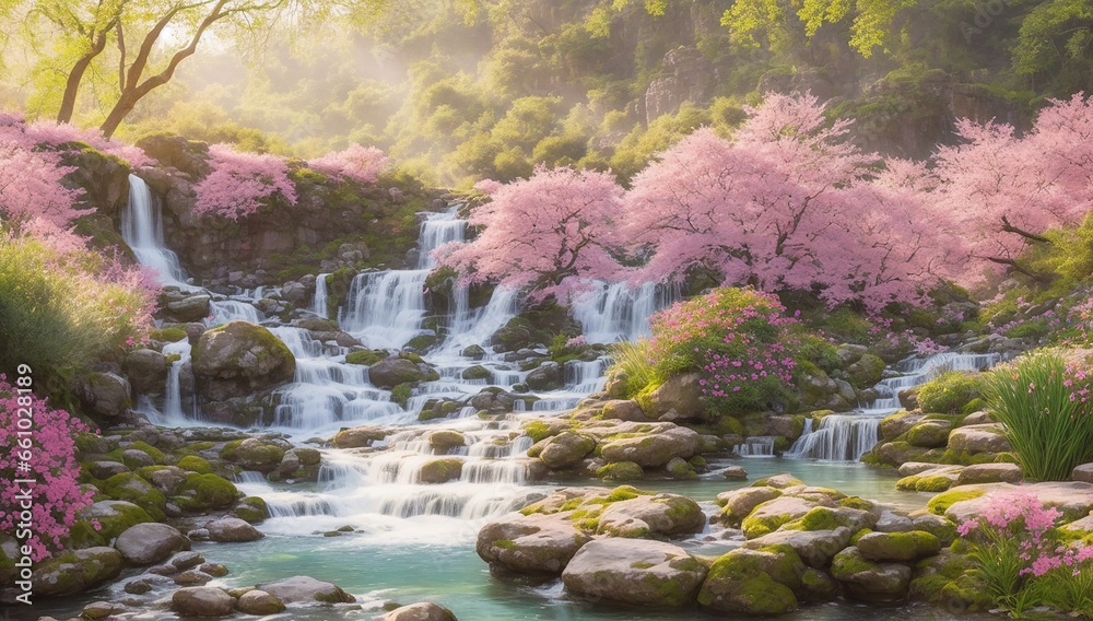 An enchanting digital illustration featuring a jungle scene with a crystal-clear lake and a gracefully flowing waterfall - AI Generative An enchanting digital illustration featuring a jungle scene with a crystal-clear lake and a gracefully flowing waterfall - AI Generative