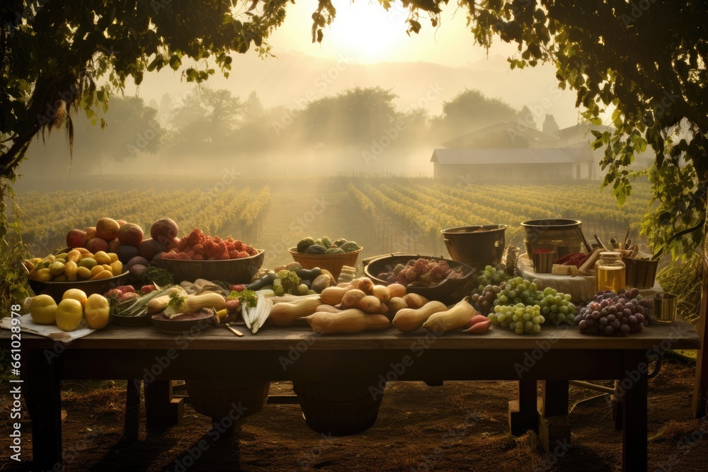 Sunset, mist, fog, farm ranch melancholic early morning field. A rustic