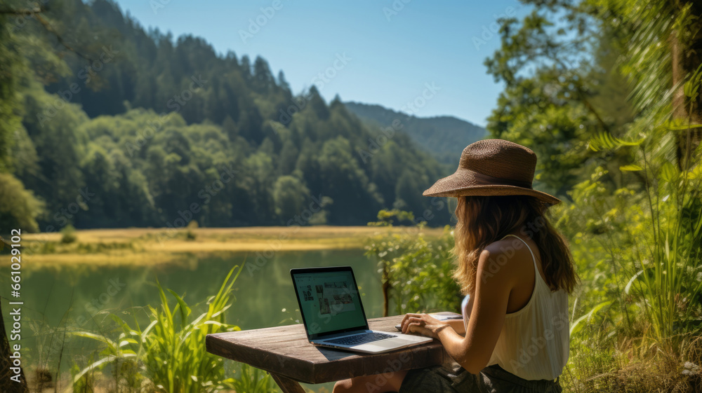 Fototapeta premium Young woman freelancer traveler working online using laptop and enjoying the beautiful nature landscape with mountain view