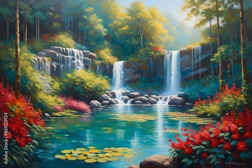 An oil painting of a tranquil lake and waterfall embraced by a lush jungle - AI Generative